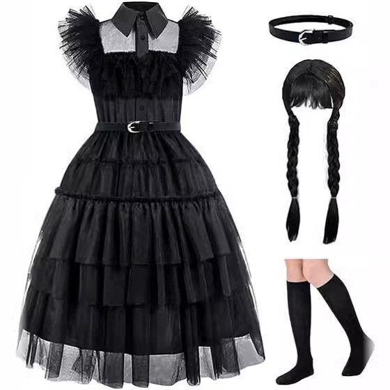 Girl's dress cosplay Wednesday Brigitte princess dress lace details puff sleeves children Wednesday 4 pcs 140 Wednesday 4pcs 140