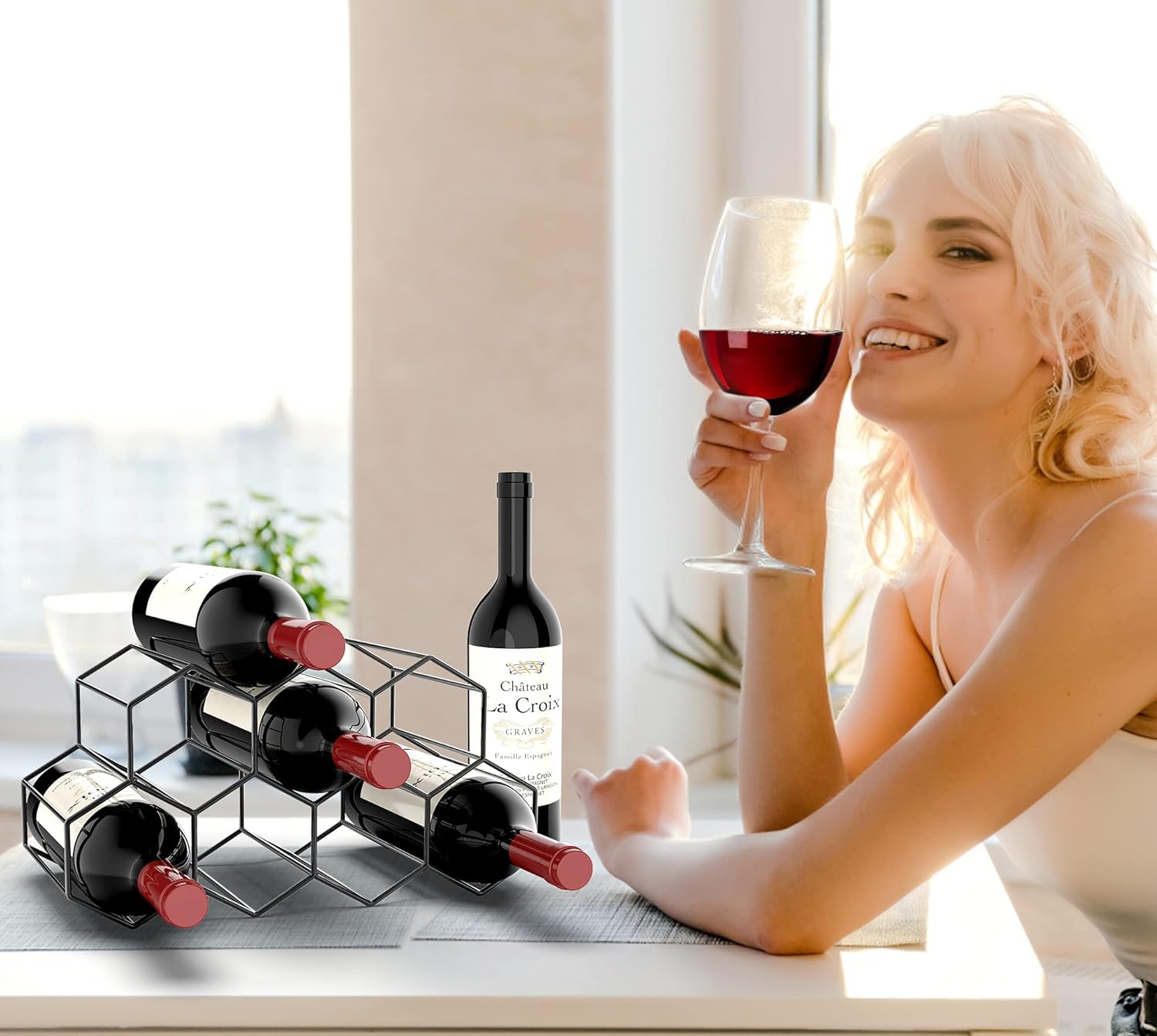 Freestanding Metal Wine Rack for 9 Bottles - Black