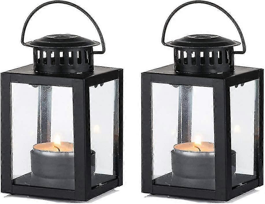 Lanterns for candles, garden lanterns, hanging small lanterns in vintage style for tea lights, Blue Light Tea Light Holder for Indoor and Outdoor, 2 pcs, black 2pcs Black