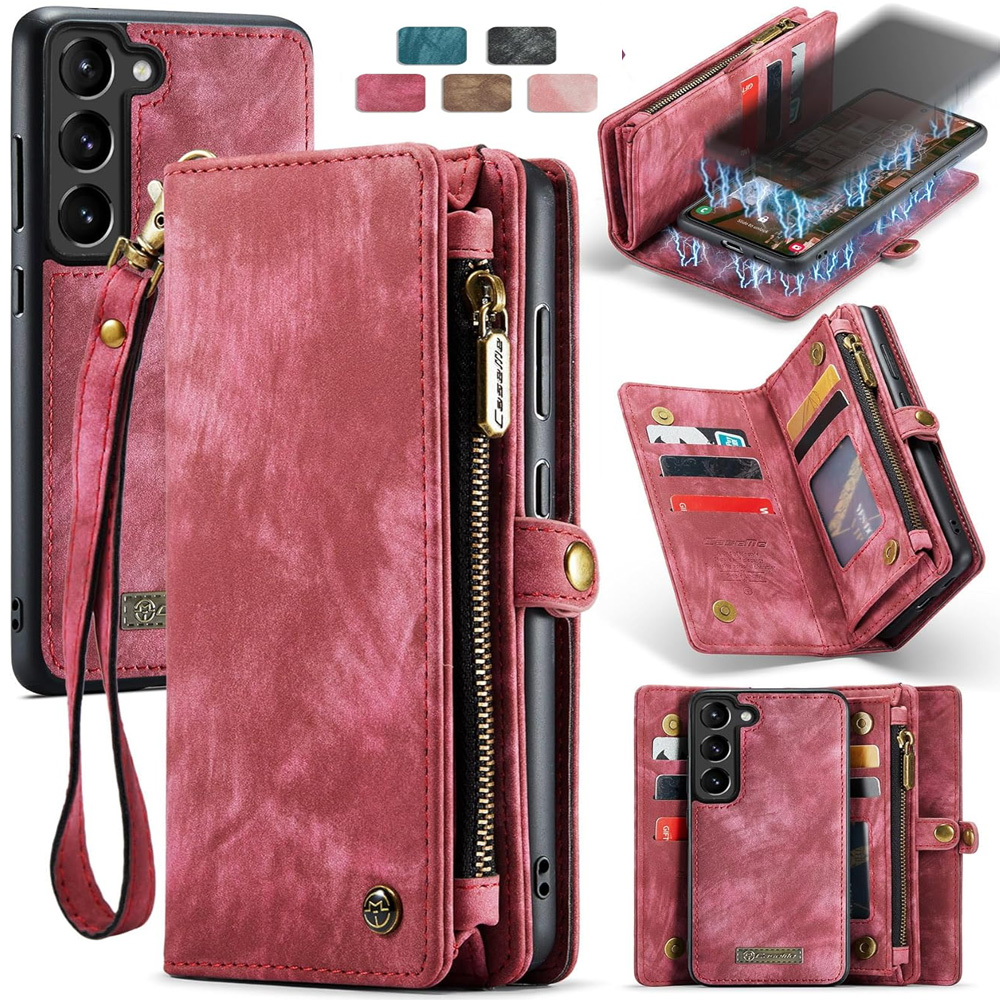 Retro Leather Wallet Case with Card Holder & Magnetic Closure for iPhone 16 & Samsung, Dark Pink Dark Pink u4e09u661fS25