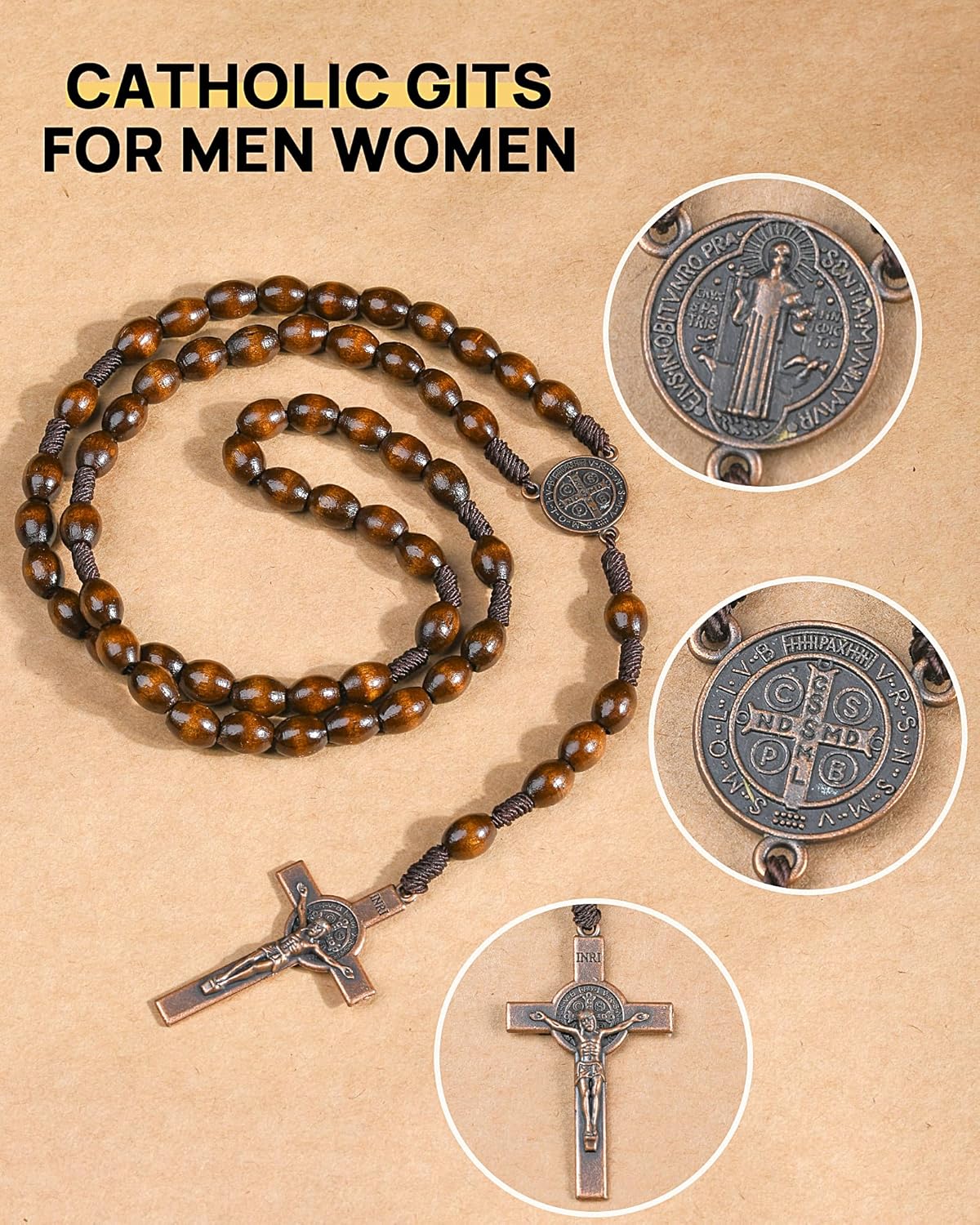 Rosary Beads Handmade Wooden Rosarios Catolicos l Cross For Catholic Or Christian Gift(Woven Coffee Color)
