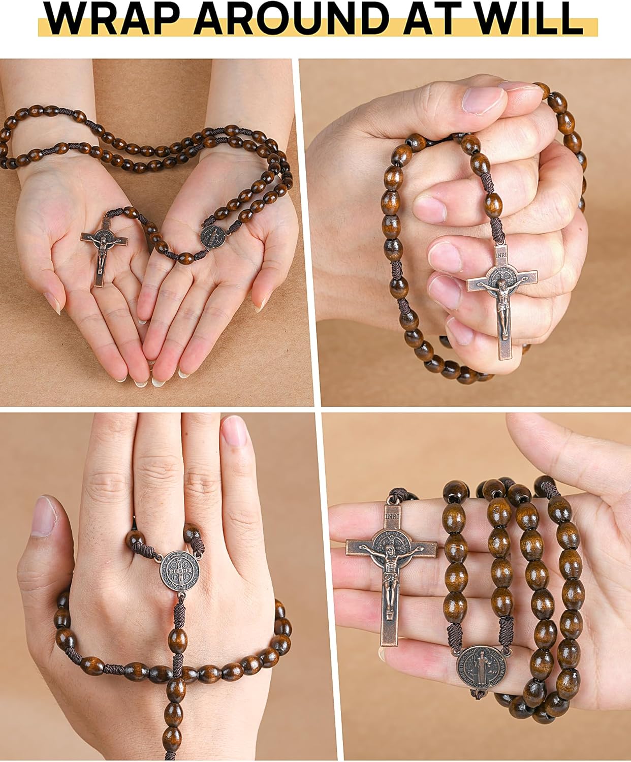 Rosary Beads Handmade Wooden Rosarios Catolicos l Cross For Catholic Or Christian Gift(Woven Coffee Color)