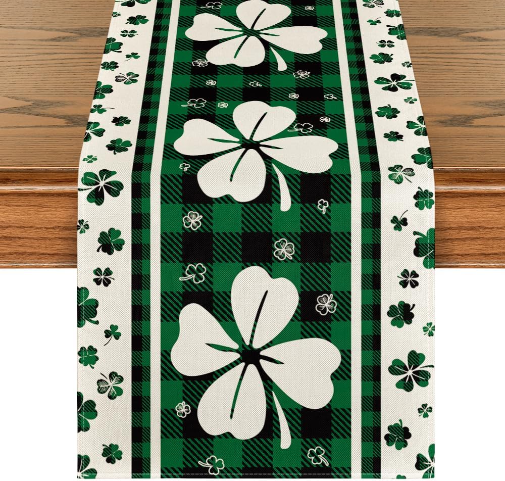 Green Clover Buffalo Plaid Shamrocks St.Patrick%27s Day Table Runner Green Clover Buffalo Plaid Shamrocks St.Patrick%27s Day Table Runner