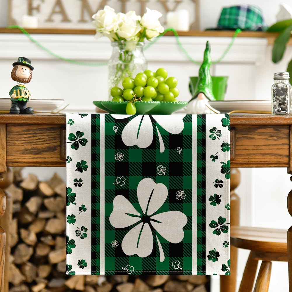 Green Clover Buffalo Plaid Shamrocks St.Patrick%27s Day Table Runner