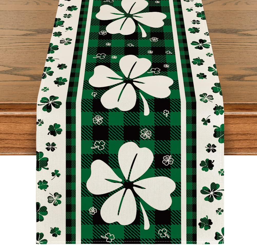 Green Clover Buffalo Plaid Shamrocks St.Patrick%27s Day Table Runner