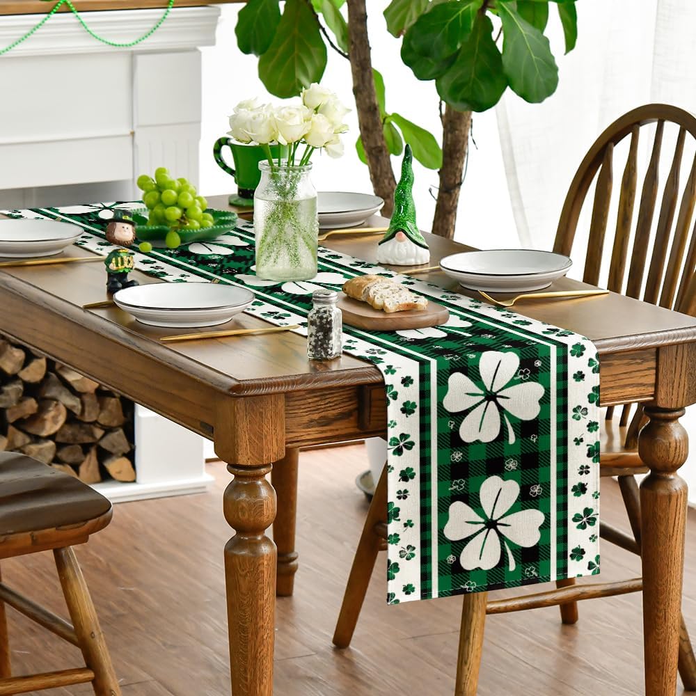 Green Clover Buffalo Plaid Shamrocks St.Patrick%27s Day Table Runner
