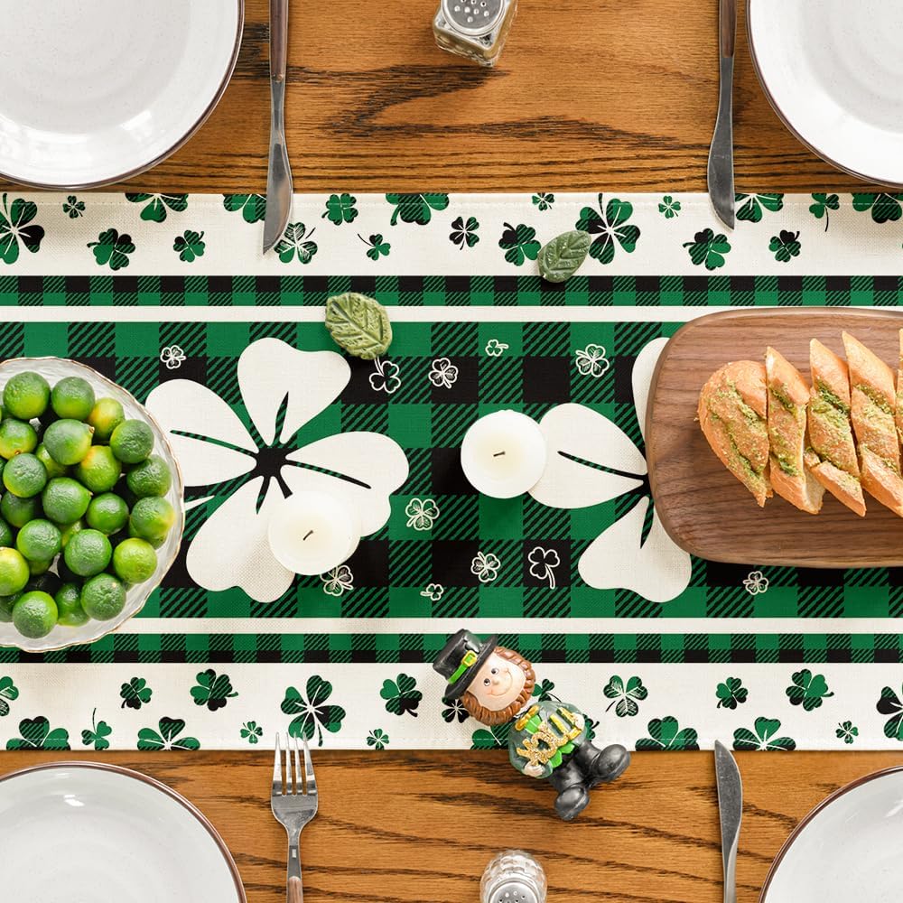 Green Clover Buffalo Plaid Shamrocks St.Patrick%27s Day Table Runner