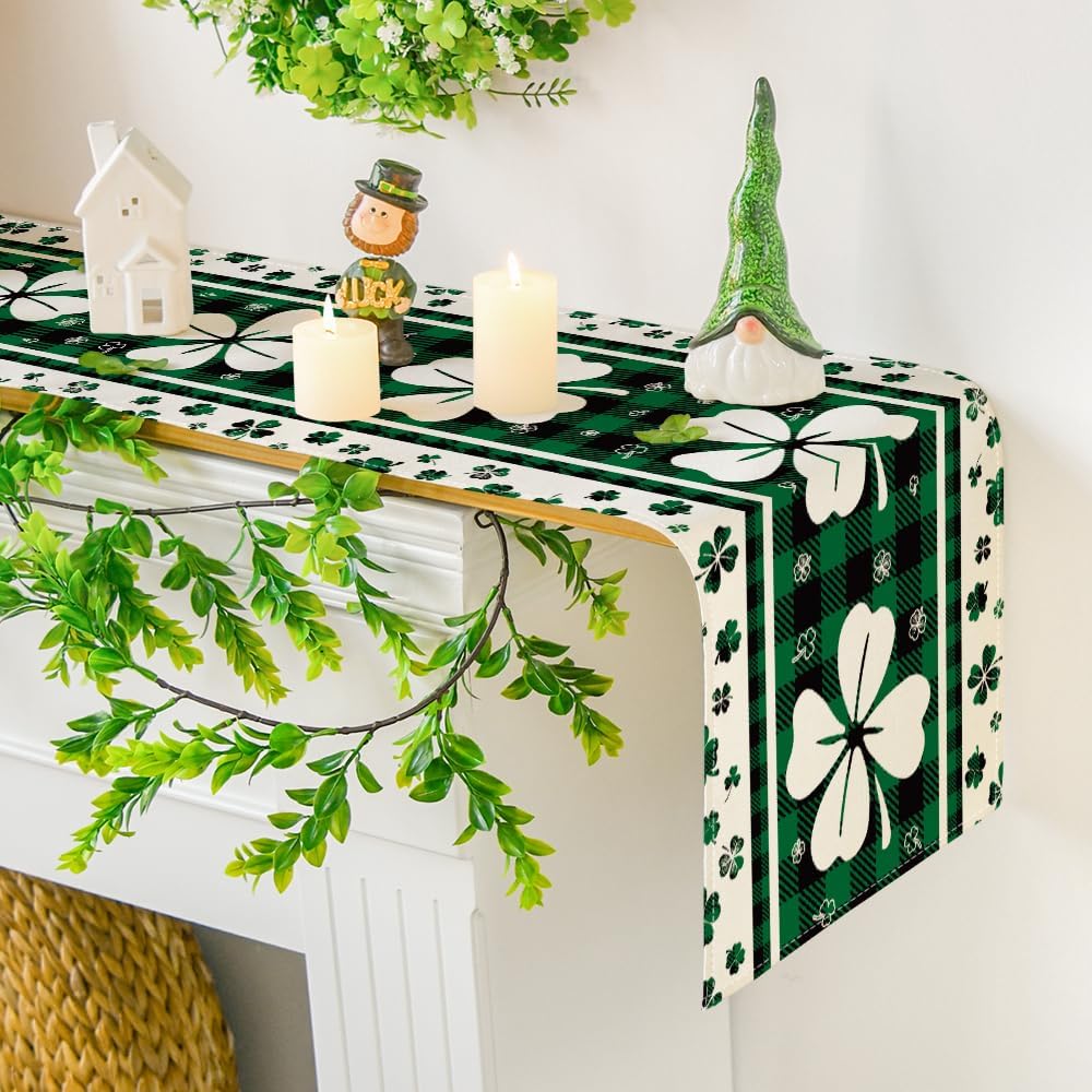 Green Clover Buffalo Plaid Shamrocks St.Patrick%27s Day Table Runner