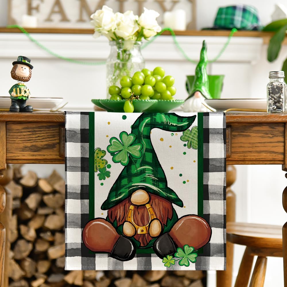 Buffalo Plaid Shamrock Gnome St. Patrick%27s Day Table Runner