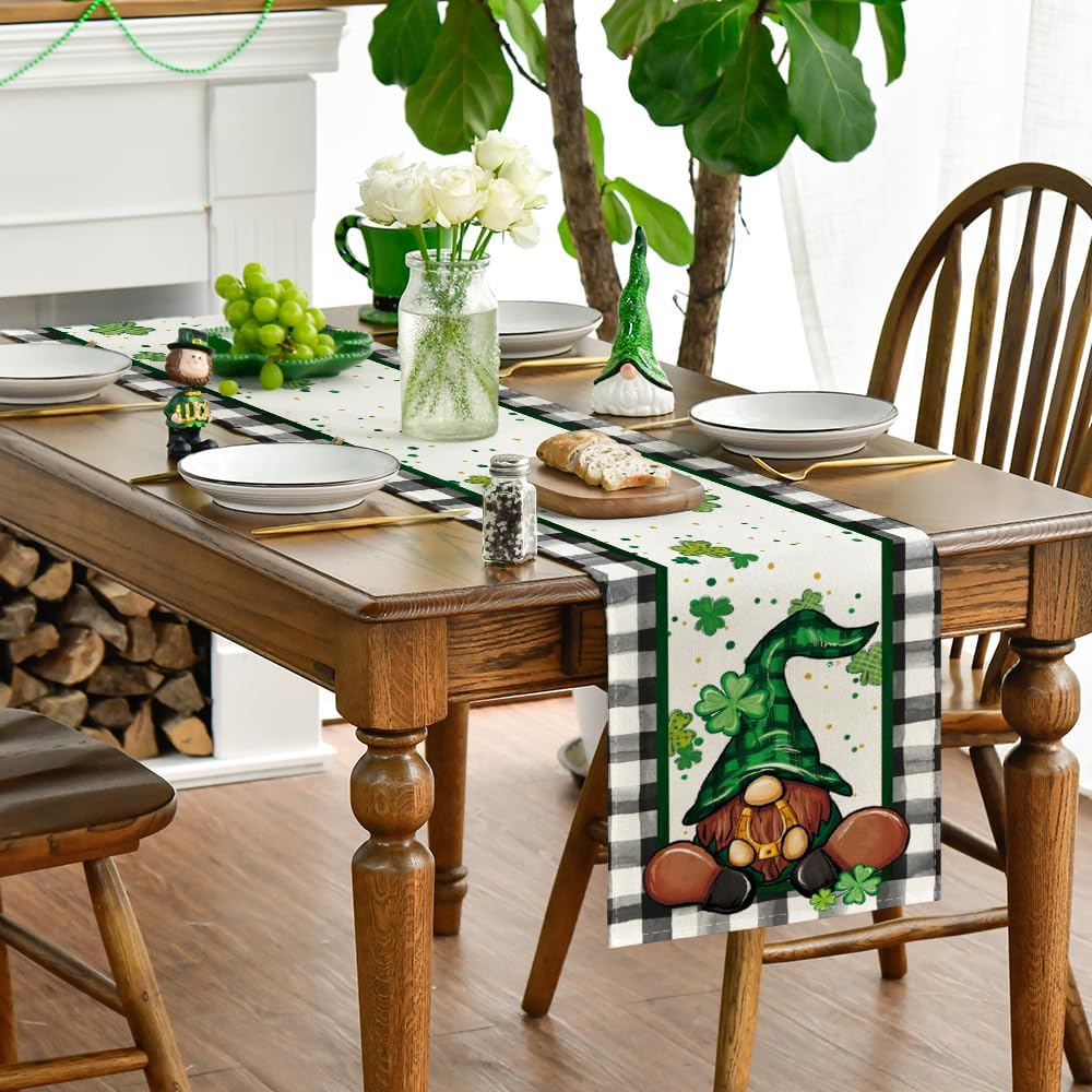 Buffalo Plaid Shamrock Gnome St. Patrick%27s Day Table Runner