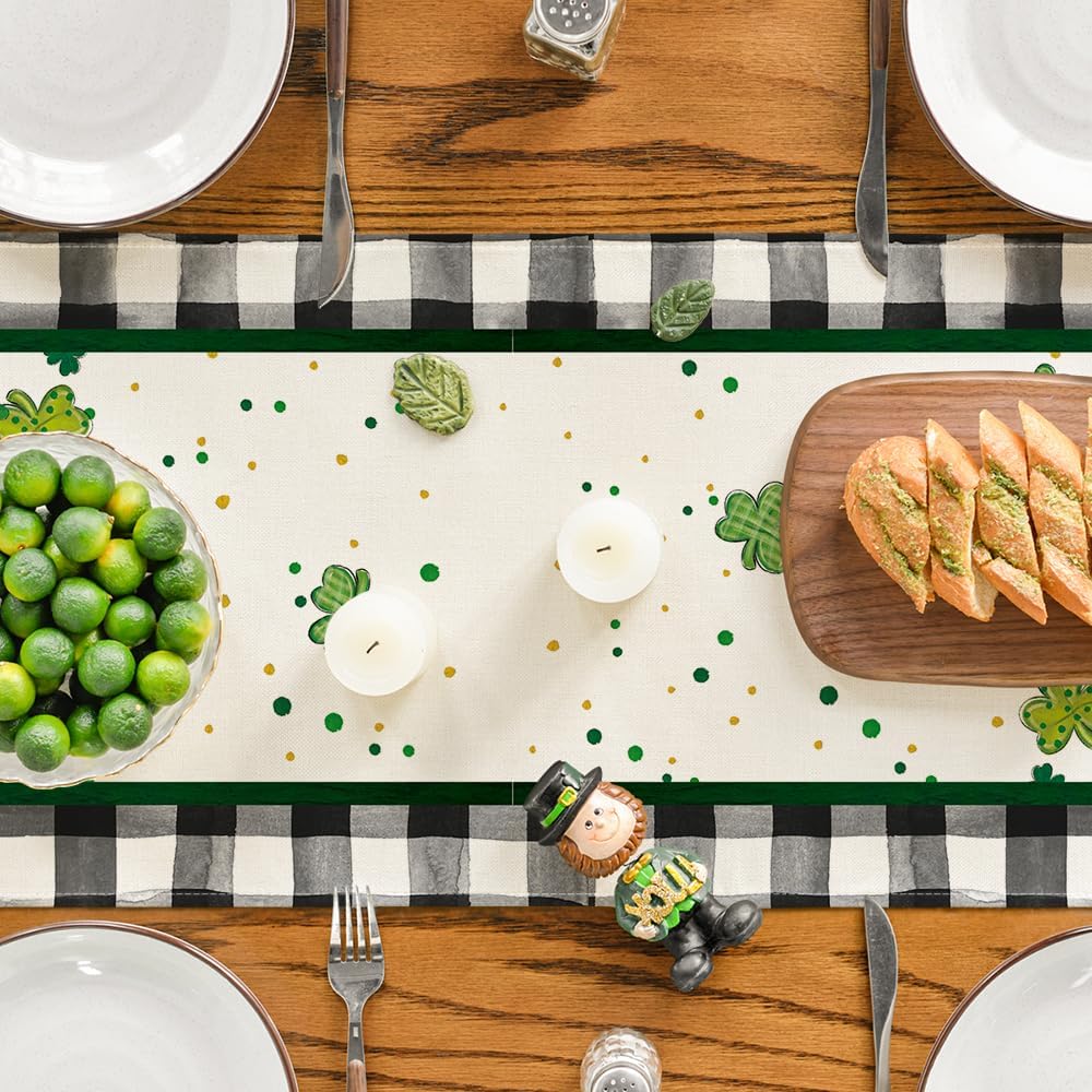 Buffalo Plaid Shamrock Gnome St. Patrick%27s Day Table Runner
