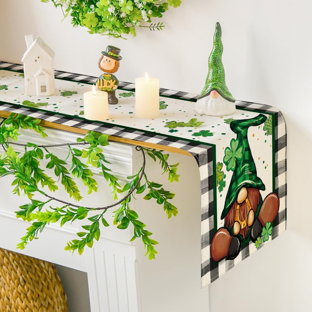 Buffalo Plaid Shamrock Gnome St. Patrick%27s Day Table Runner