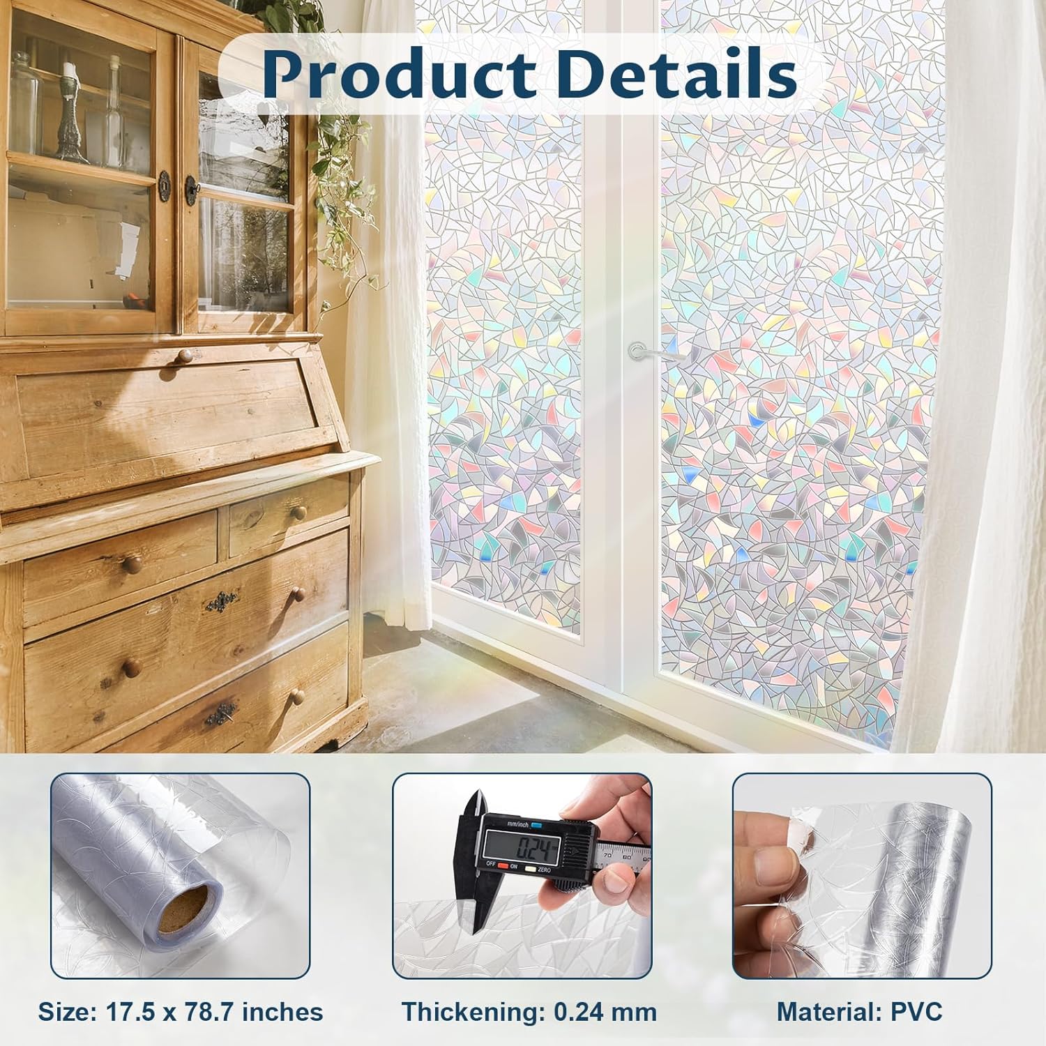 Rainbow Window Privacy Film Non-Adhesive Sun Blocking Reusable and Removable Glass Film Door Coverings for Bathroom