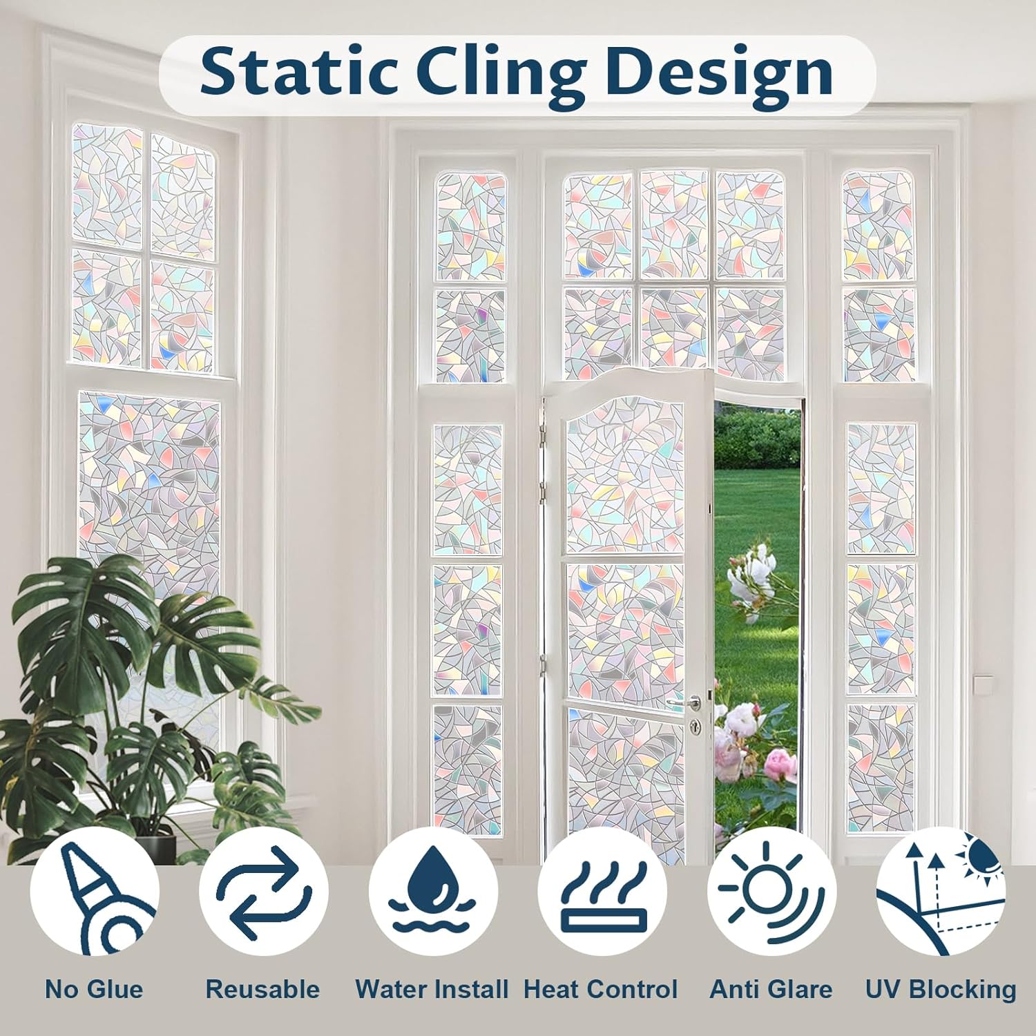 Rainbow Window Privacy Film Non-Adhesive Sun Blocking Reusable and Removable Glass Film Door Coverings for Bathroom