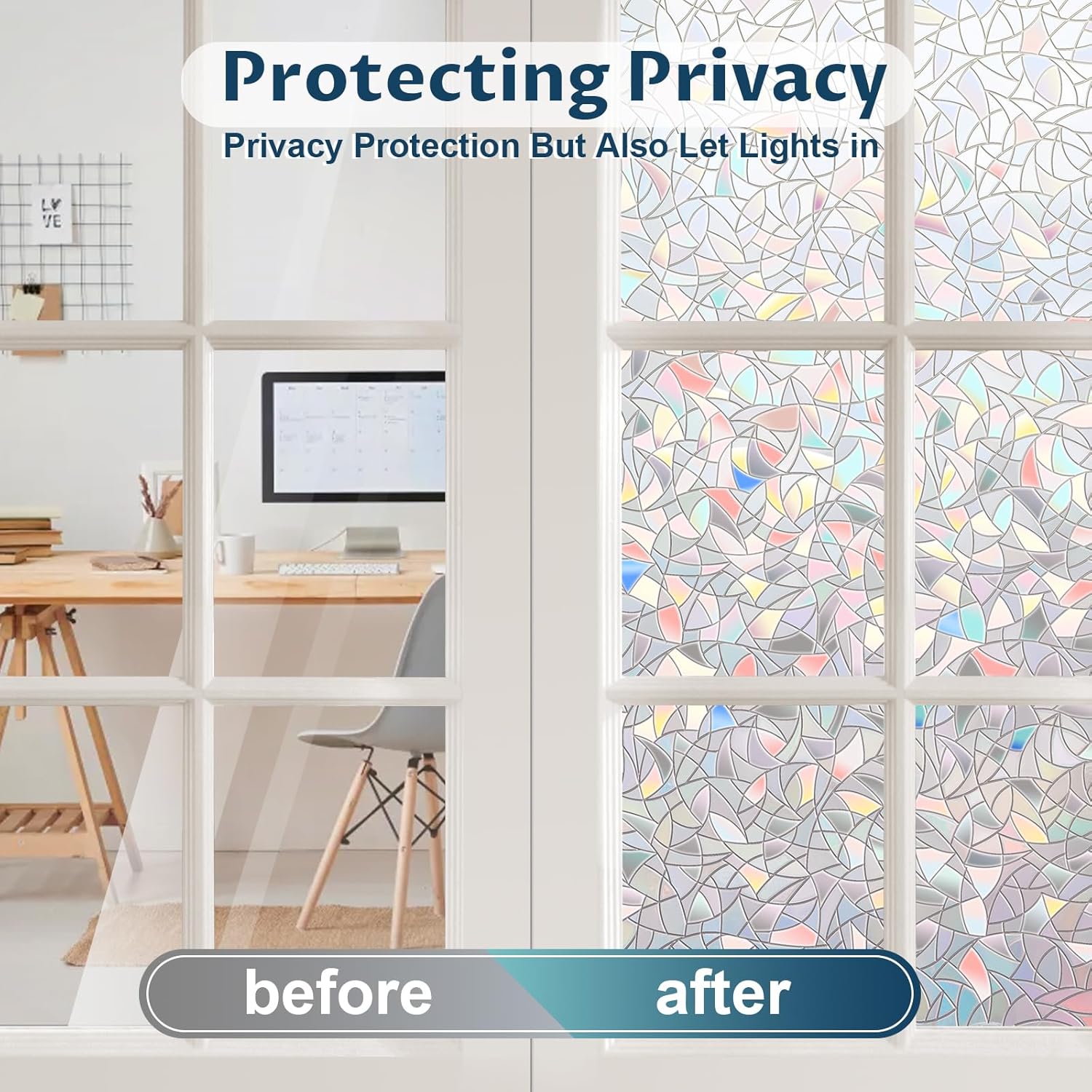 Rainbow Window Privacy Film Non-Adhesive Sun Blocking Reusable and Removable Glass Film Door Coverings for Bathroom