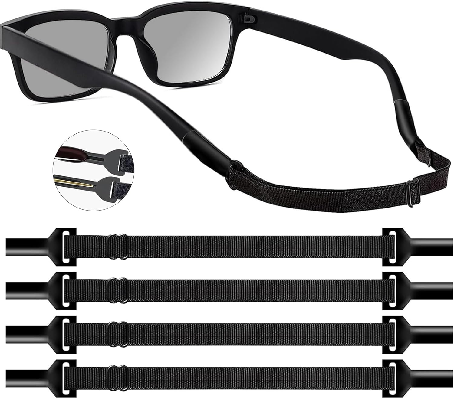 Adjustable Glasses Strap Eyeglasses Strap 4 Pack Sunglasses Strap No Tail Eye Glasses Holders around Neck for Men Women Kids Eyeglass Holders Sports Glasses Strap Black (9.5-13.5 inch) 1