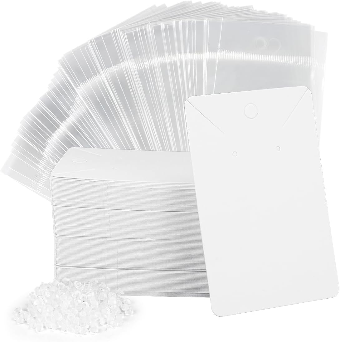 100 Pcs Earring Cards with 100Pcs Self Adhesive Bags for Earrings Jewelry Display and 200 Pcs Earring Backs, Earring Display Holder Cards 3.5x2.4 Inches Earring Card Holder Set (White)