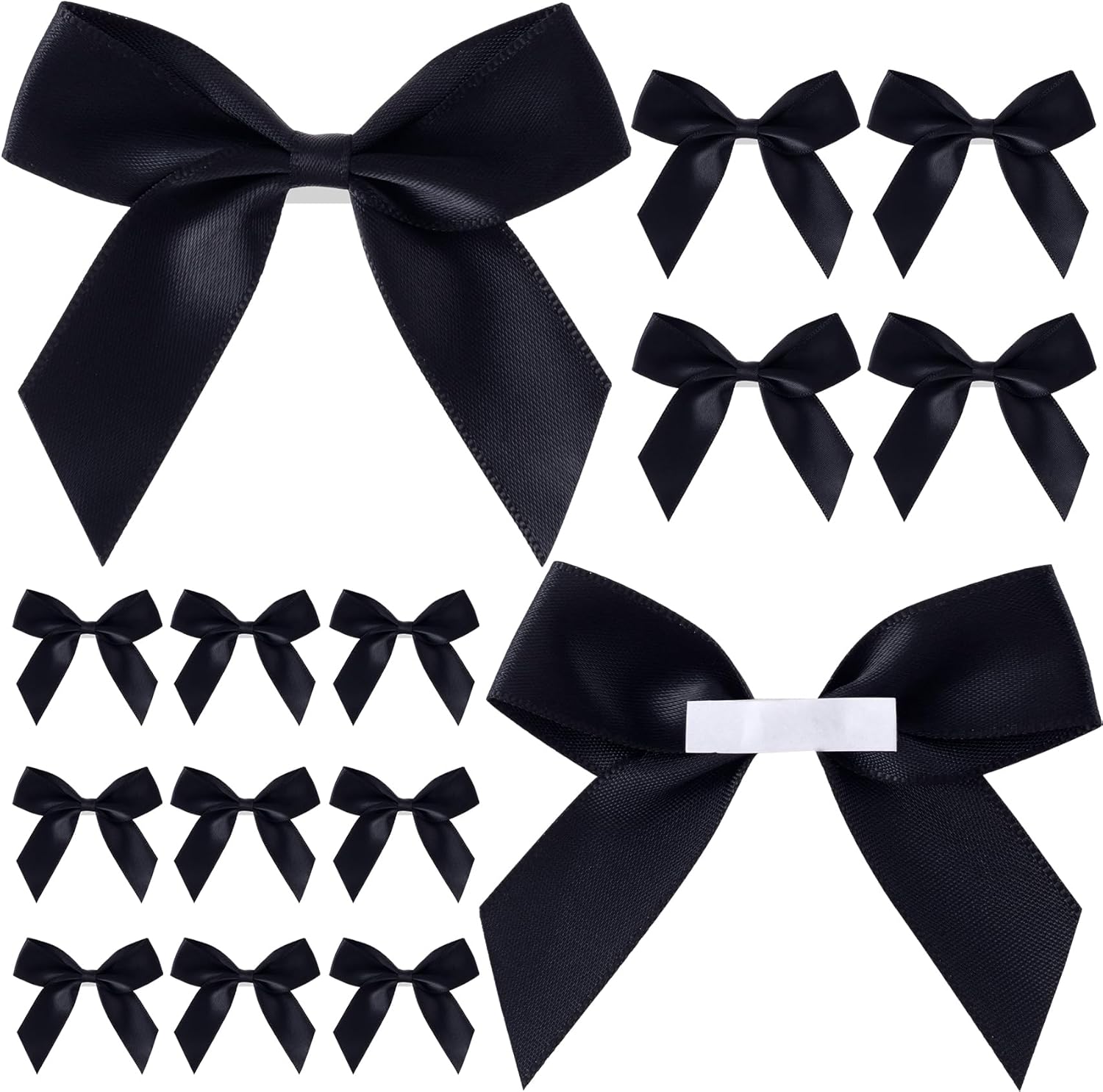 15pcs Self-Adhesive Mini Black Bows, 2.83×2.56in Premade Satin Ribbon Bows, Double-Sided Tape Stick on Bowknot Christmas Halloween DIY Wrapping Decorations for Birthday Parties Weddings