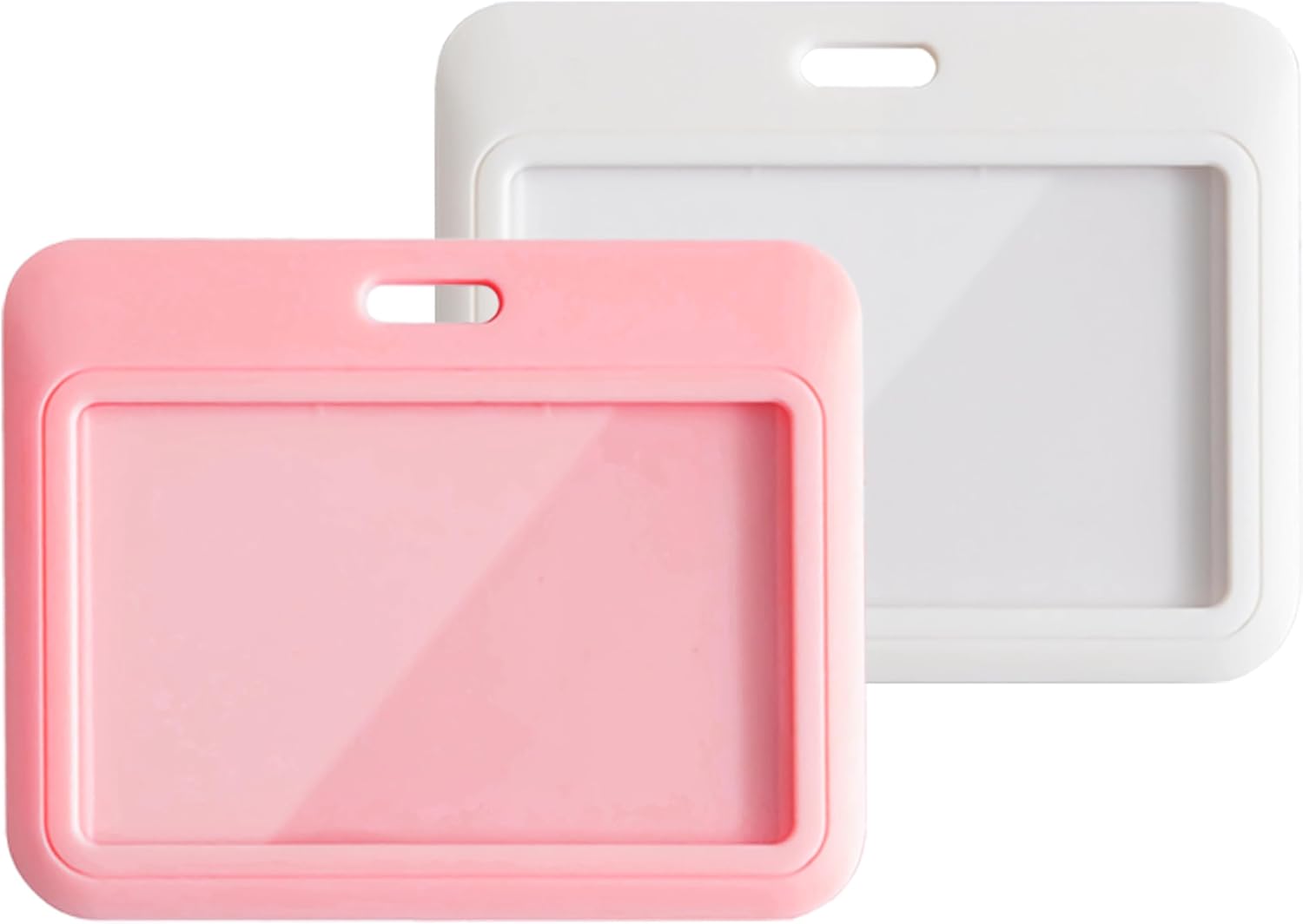 2 Pack ID Badge Holder, White and Pink ID Card Holder, Horizontal Sliding Plastic Key Card Holder for Office, School, Factory, Teachers & Students