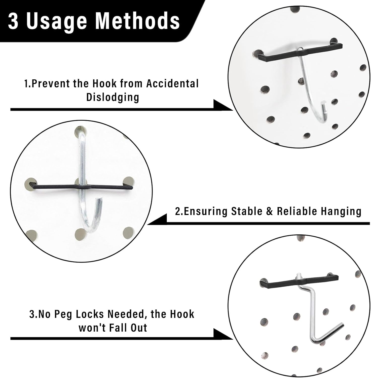 Black Peg Locks Plastic Pegboard Hook Locks Pegboard Display Hook Organizer Fixer Peg Board Hook Clip Retainers Pegboard Hook Organizer for Standard 1/4" and 1/8" Pegboard(60Pcs)