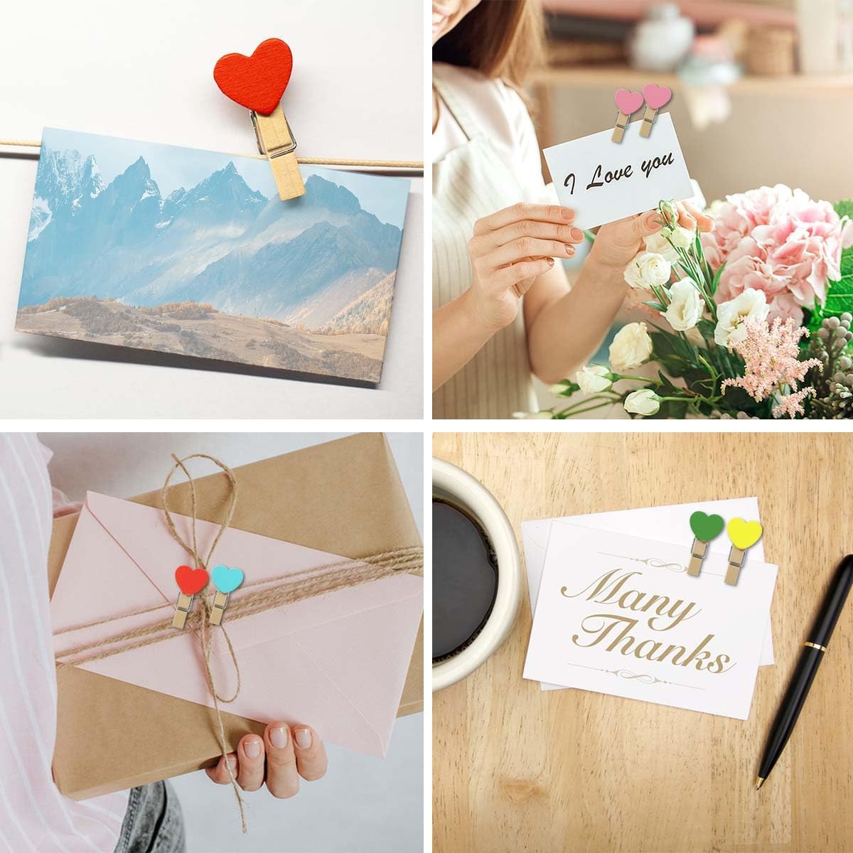 80 Pieces Wooden Heart Clothespins Mini Photo Clips Colorful Small Clothes Pins for Crafts Picture Paper Hanging Natural with Jute Twine Wedding Party Photos Display Color Type a