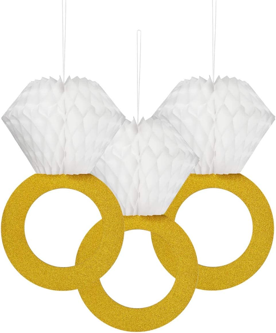 Petluno Glitter Gold Honeycomb Diamond Ring Hanging Decorations (3 Pieces) Bachelorette Party Engagement Bridal Shower Wedding Anniversary Supplies