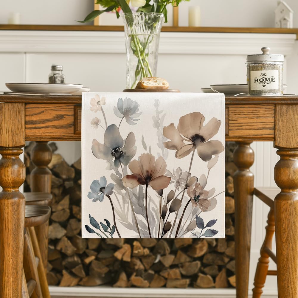 Brown Poppy Floral Leaves Spring Table Runner