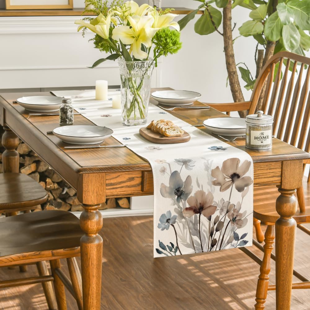 Brown Poppy Floral Leaves Spring Table Runner