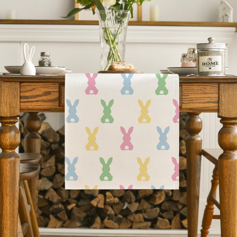 Green Pink Bunny Rabbit Easter Table Runner