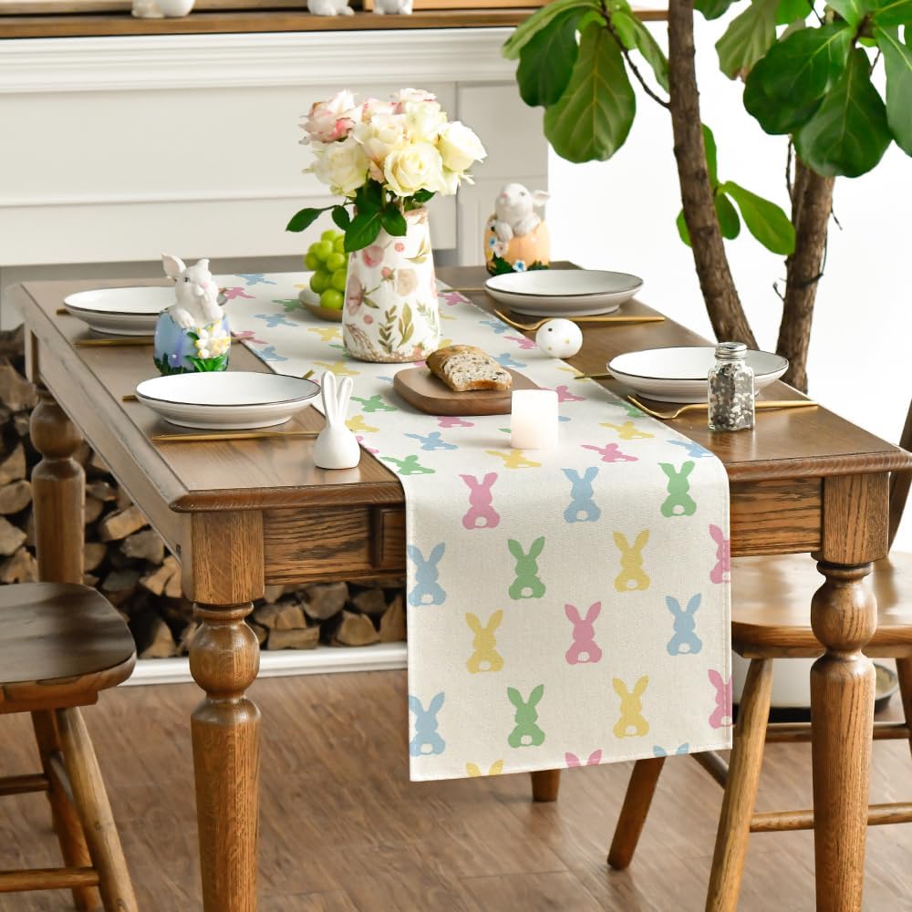 Green Pink Bunny Rabbit Easter Table Runner