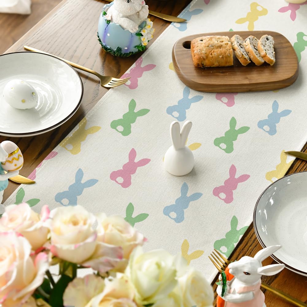 Green Pink Bunny Rabbit Easter Table Runner