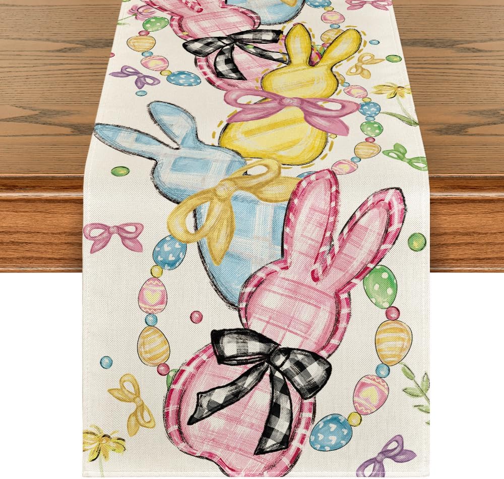 Floral Bow Bunny Rabbits Eggs Easter Table Runner Floral Bow Bunny Rabbits Eggs Easter Table Runner
