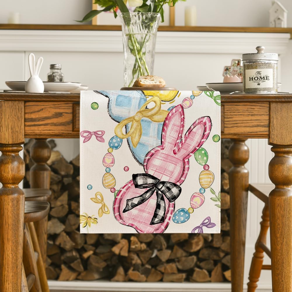 Floral Bow Bunny Rabbits Eggs Easter Table Runner