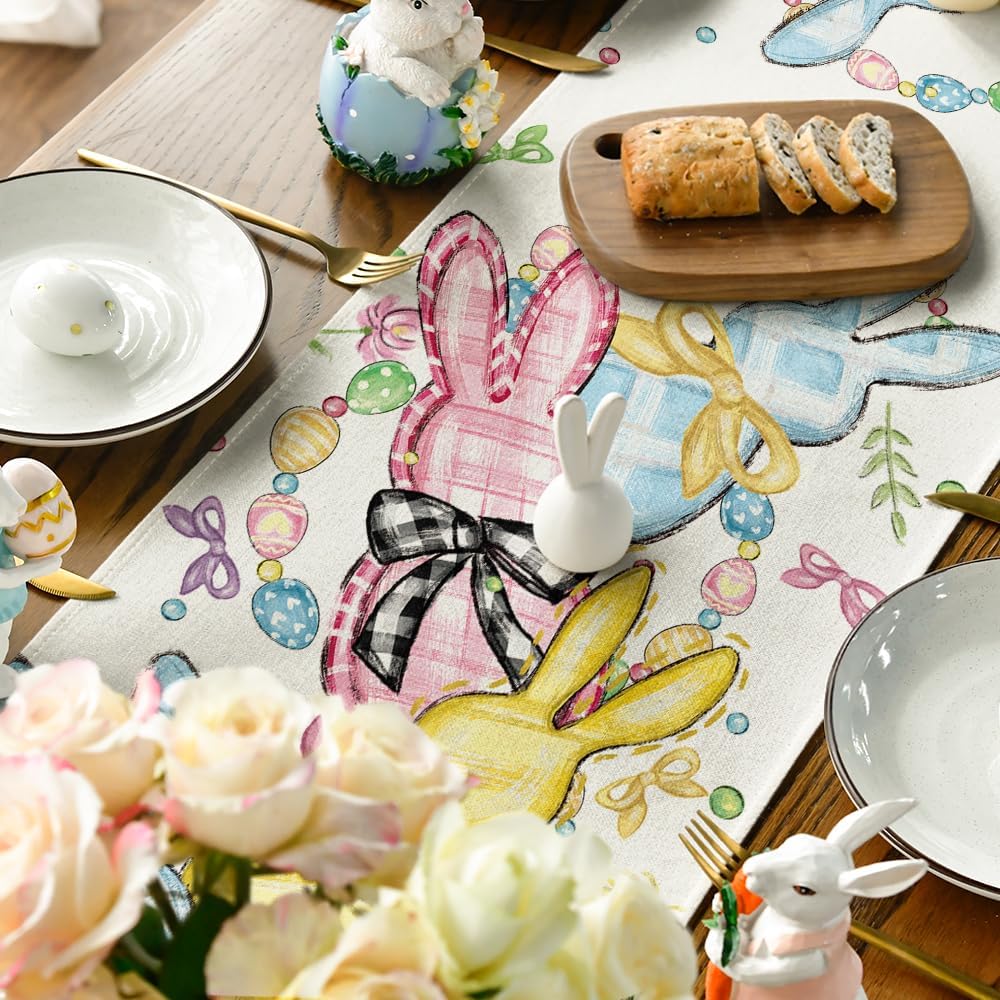 Floral Bow Bunny Rabbits Eggs Easter Table Runner