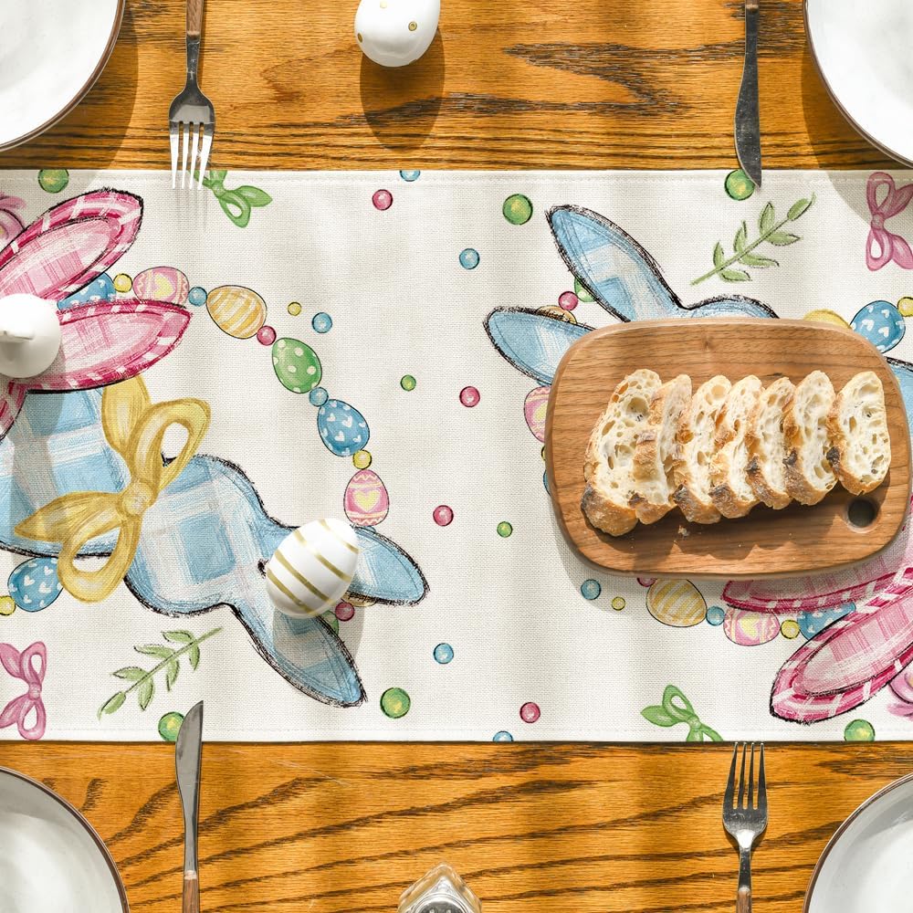 Floral Bow Bunny Rabbits Eggs Easter Table Runner