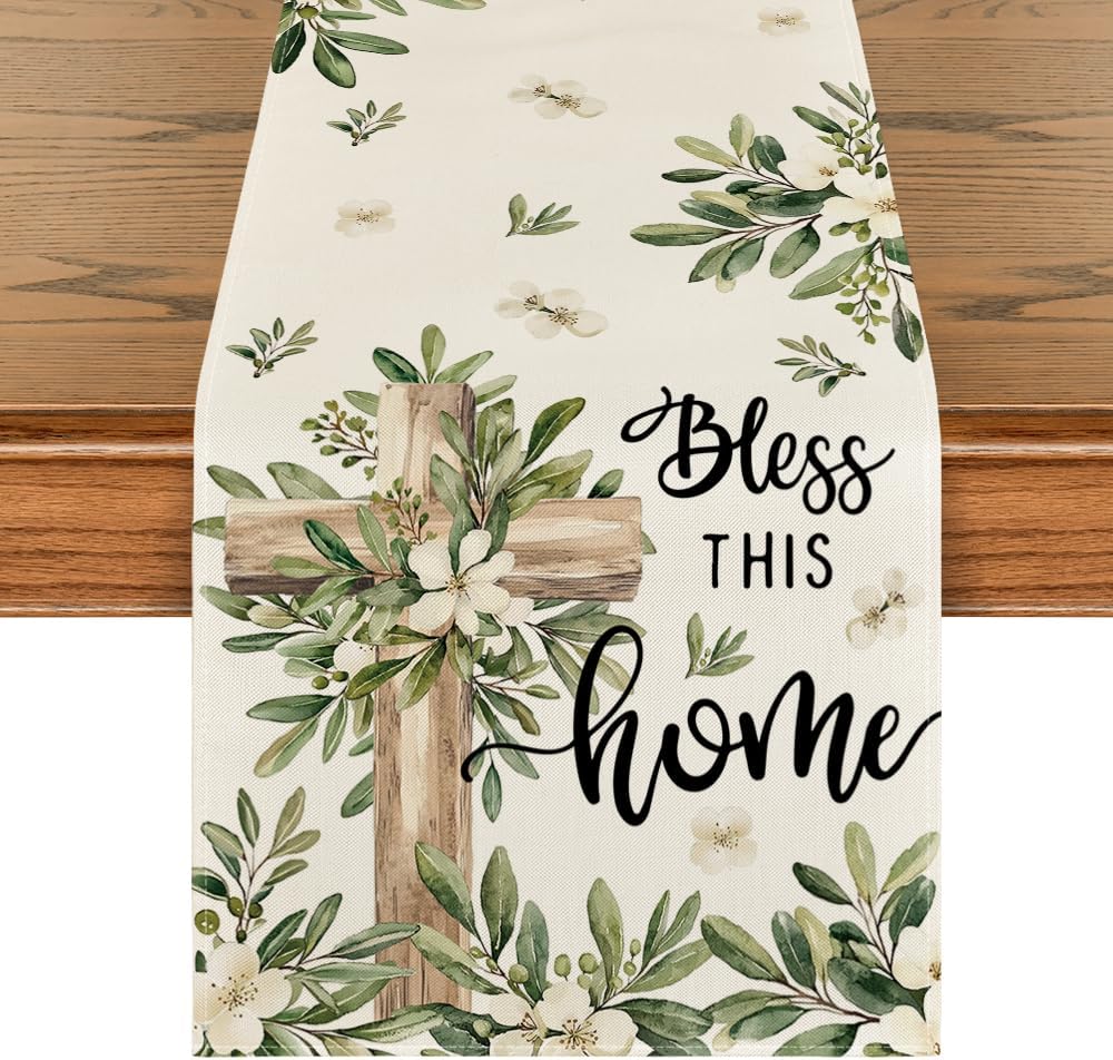 Cross Olive Leaves Spring Table Runner Cross Olive Leaves Spring Table Runner