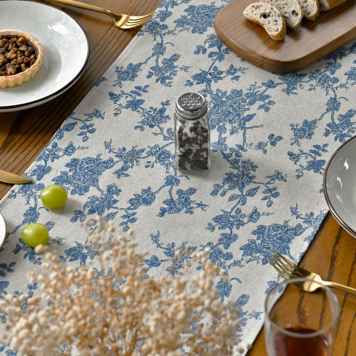 Monochrome Sketch Branch Toile Textures Chinoiserie Cotton Dark Grey Table Runner
