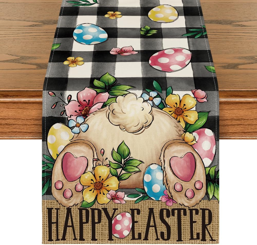 Buffalo Plaid Bunny Egg Flowers Happy Easter Table Runner Buffalo Plaid Bunny Egg Flowers Happy Easter Table Runner