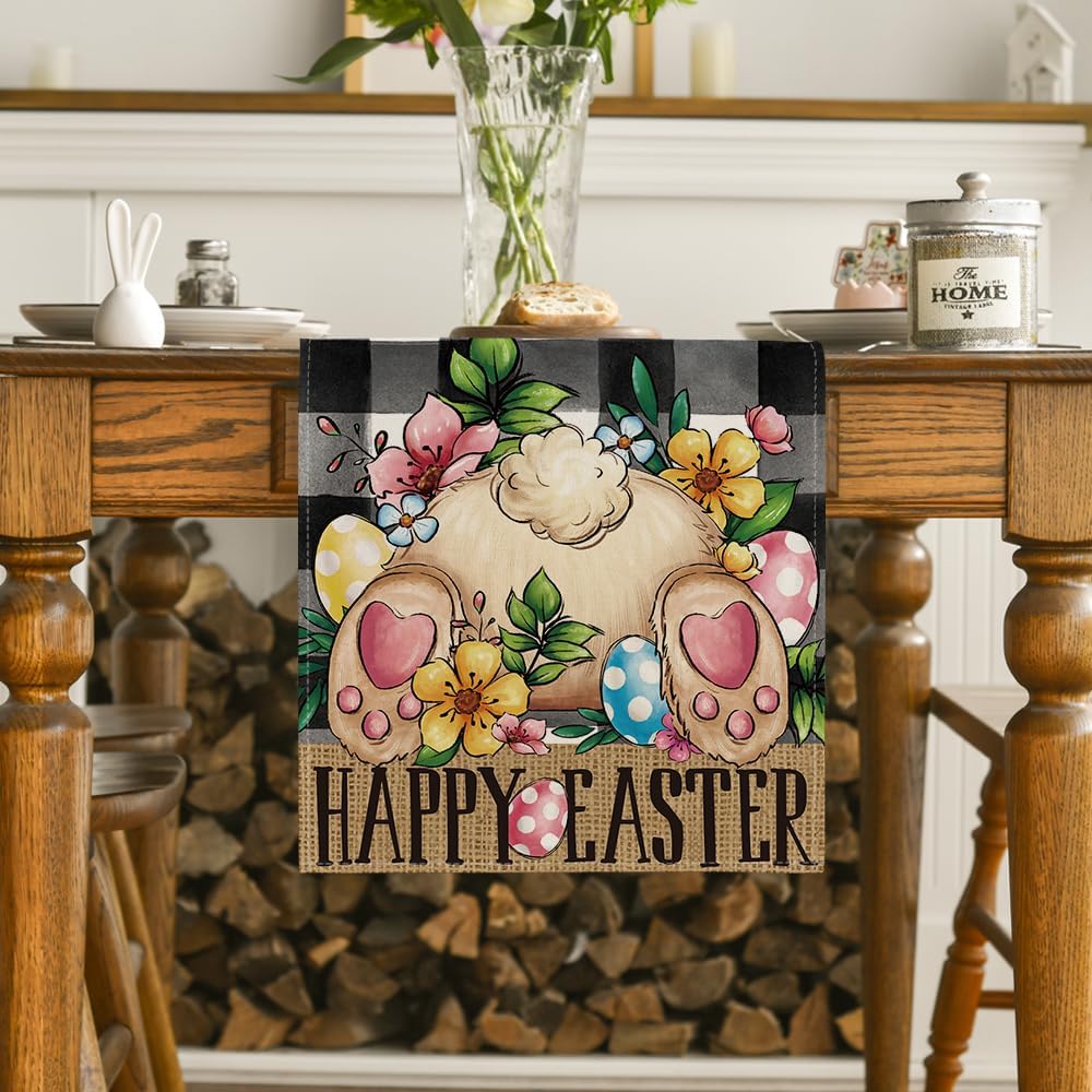 Buffalo Plaid Bunny Egg Flowers Happy Easter Table Runner