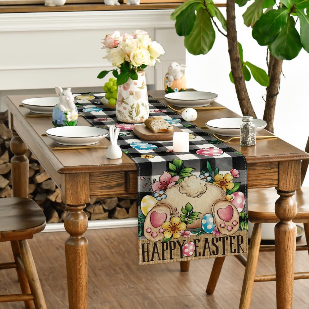 Buffalo Plaid Bunny Egg Flowers Happy Easter Table Runner