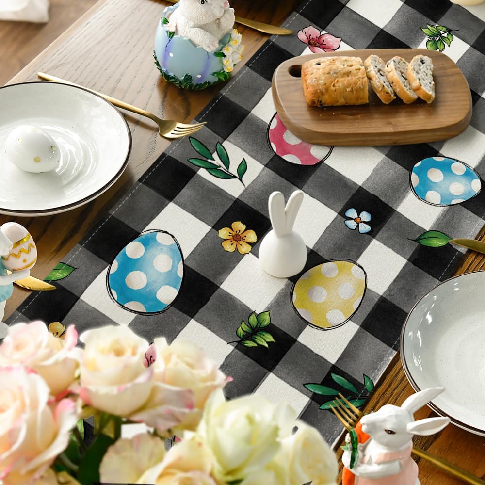Buffalo Plaid Bunny Egg Flowers Happy Easter Table Runner