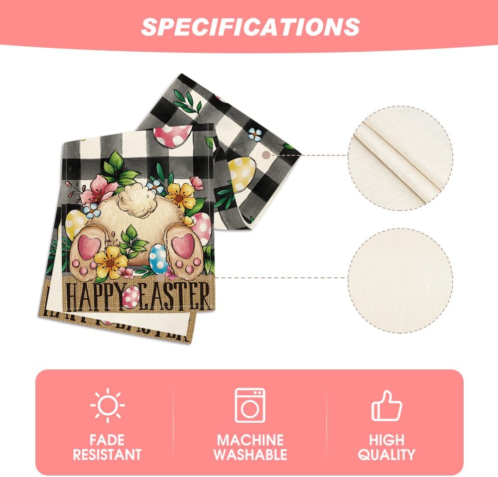 Buffalo Plaid Bunny Egg Flowers Happy Easter Table Runner