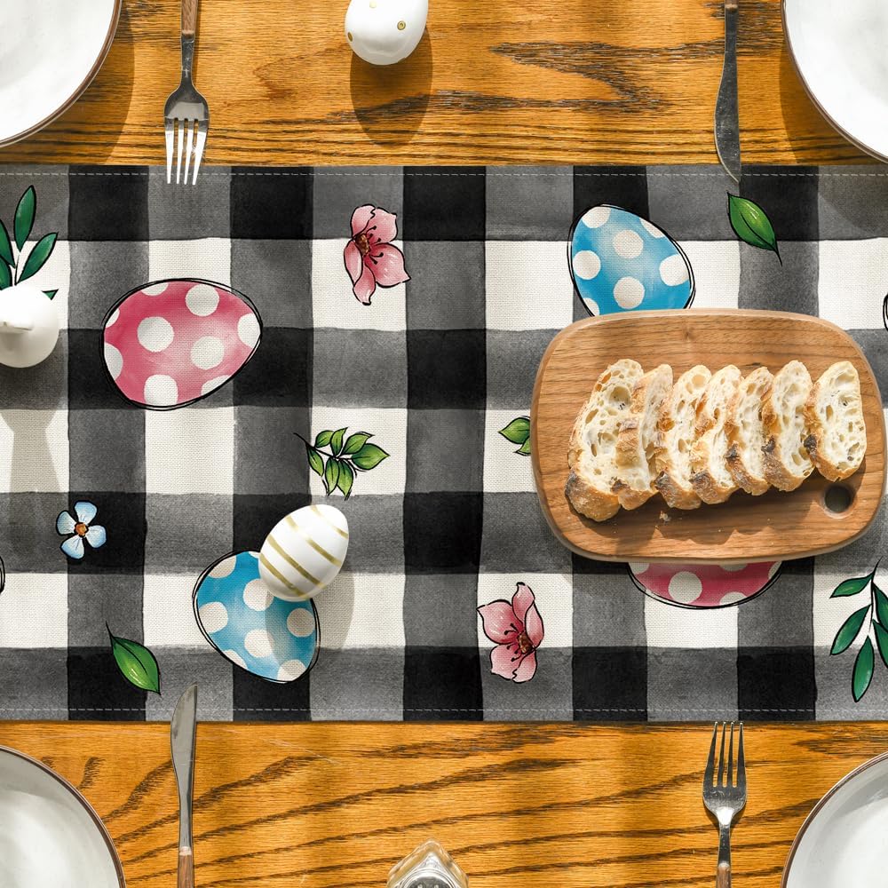 Buffalo Plaid Bunny Egg Flowers Happy Easter Table Runner