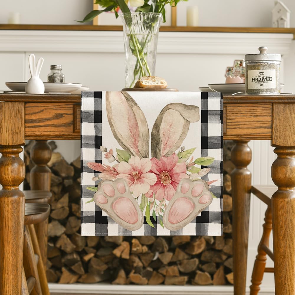 Buffalo Plaid Bunny Ear Foot Flower Easter Table Runner