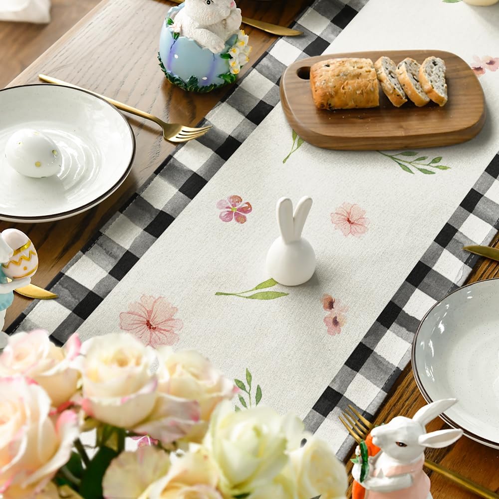 Buffalo Plaid Bunny Ear Foot Flower Easter Table Runner