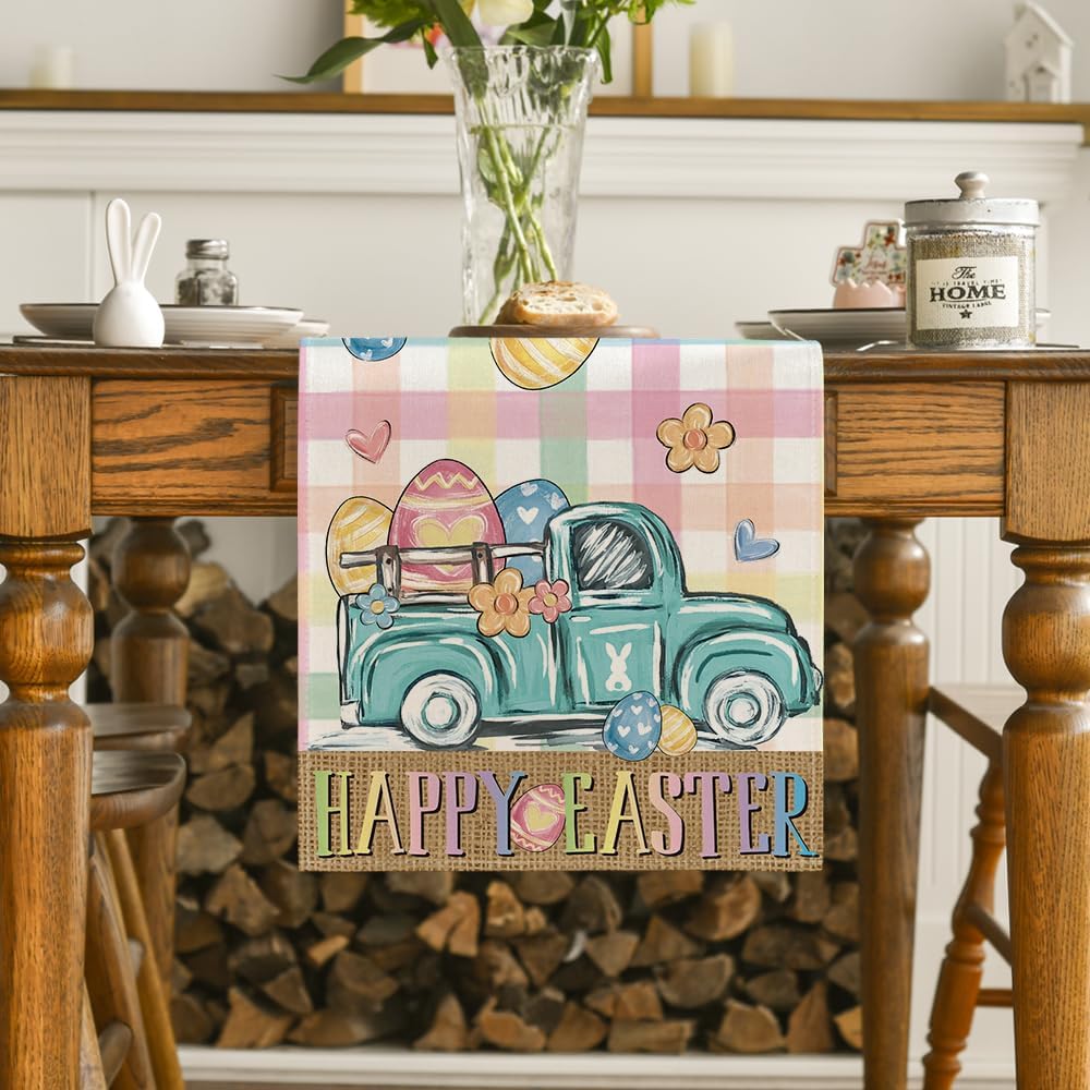 Pink Yellow Buffalo Plaid Carrot Egg Truck Daisy Happy Easter Table Runner