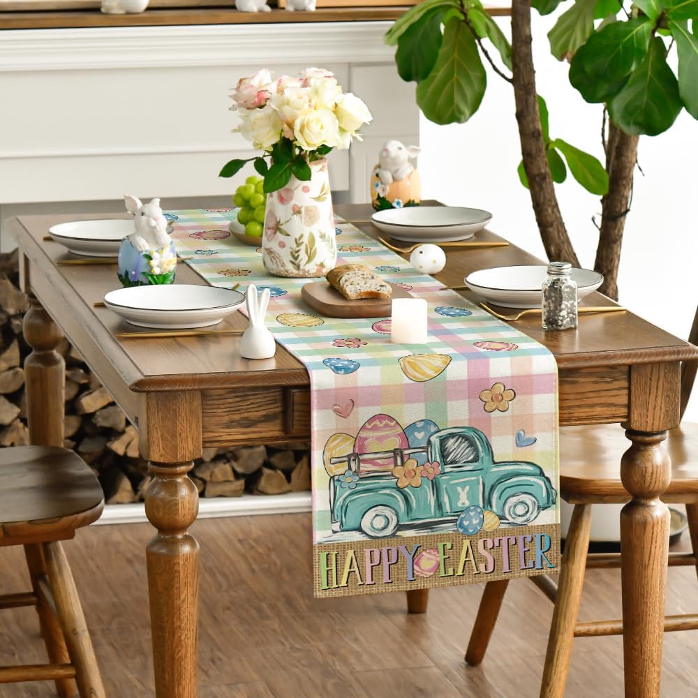 Pink Yellow Buffalo Plaid Carrot Egg Truck Daisy Happy Easter Table Runner