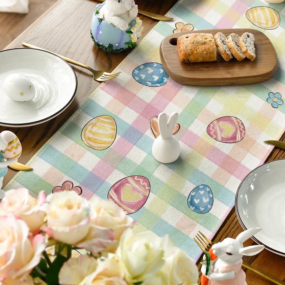 Pink Yellow Buffalo Plaid Carrot Egg Truck Daisy Happy Easter Table Runner