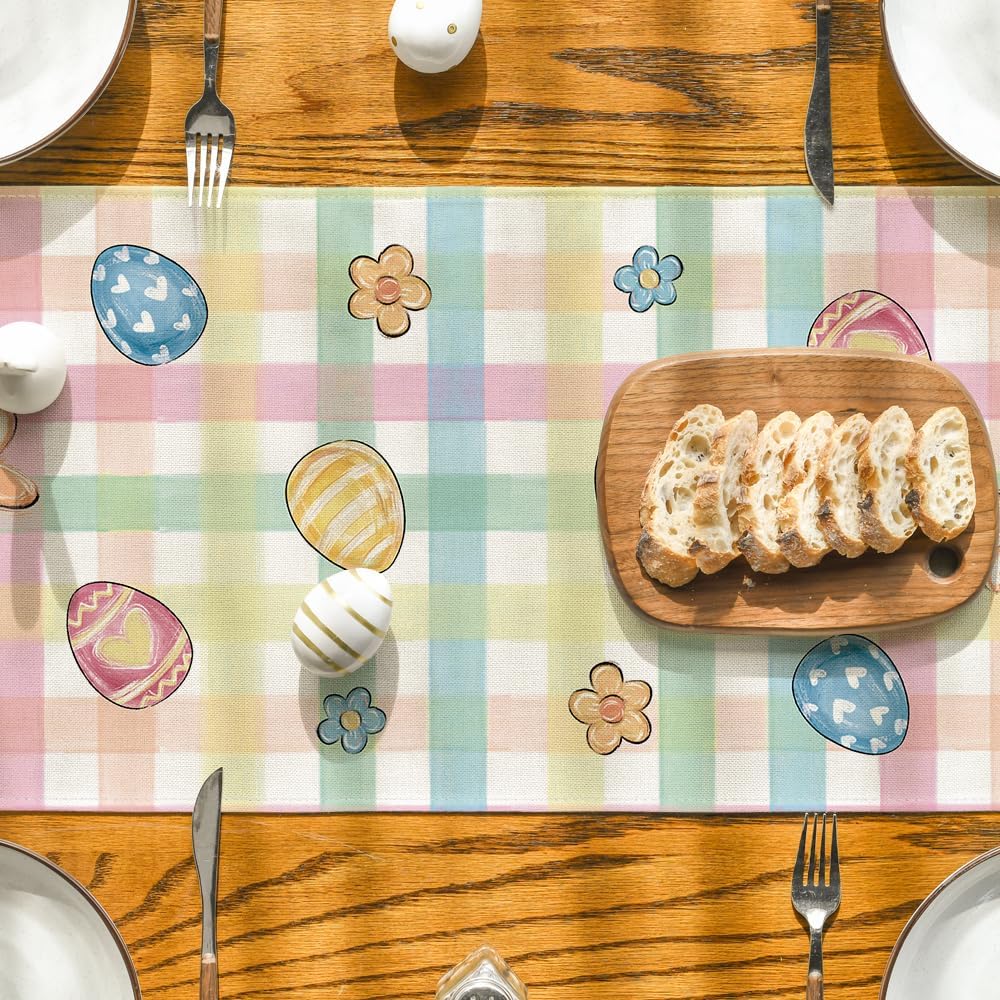 Pink Yellow Buffalo Plaid Carrot Egg Truck Daisy Happy Easter Table Runner