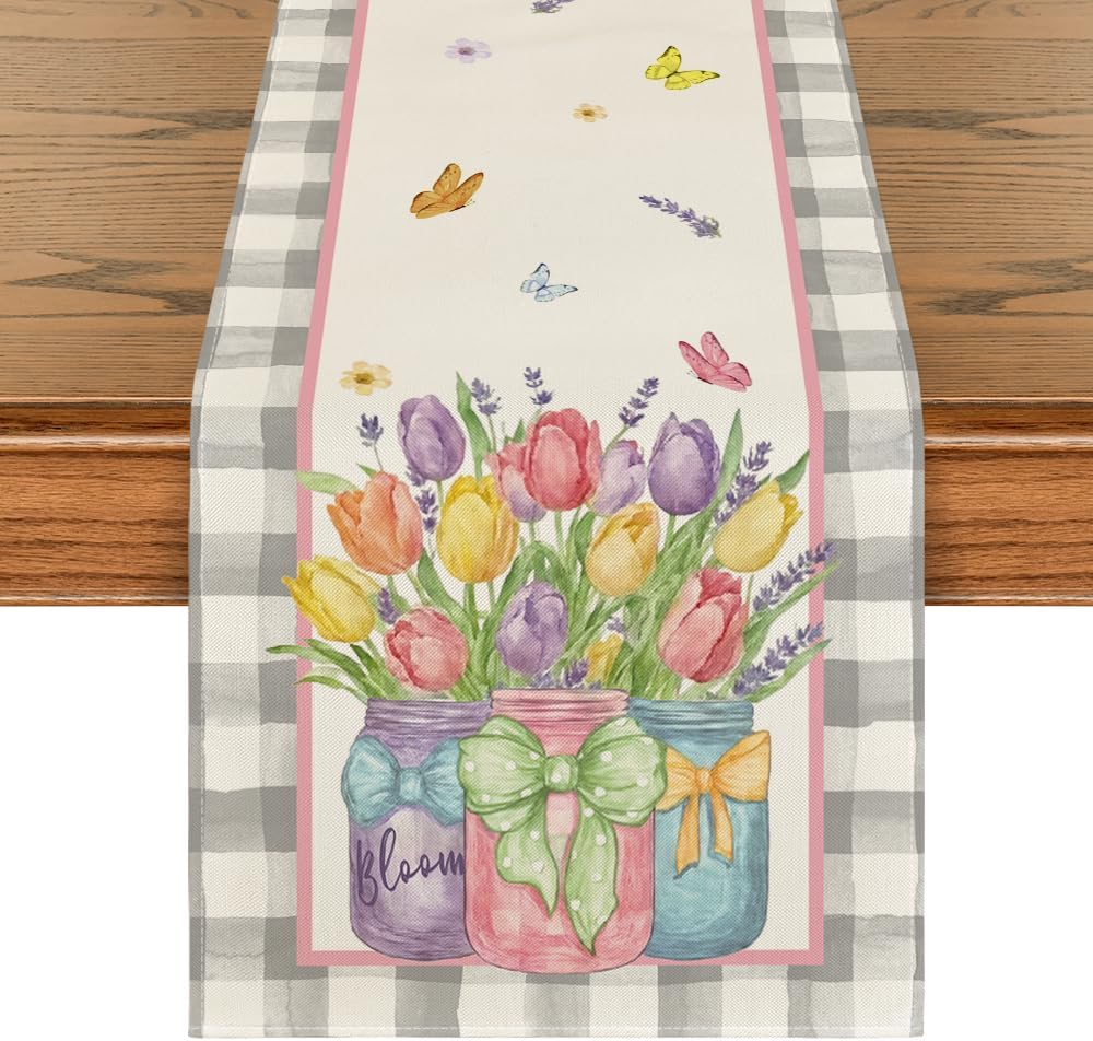 Buffalo Plaid Vase Lavender Tulip Spring Table Runner Buffalo Plaid Vase Lavender Tulip Spring Table Runner